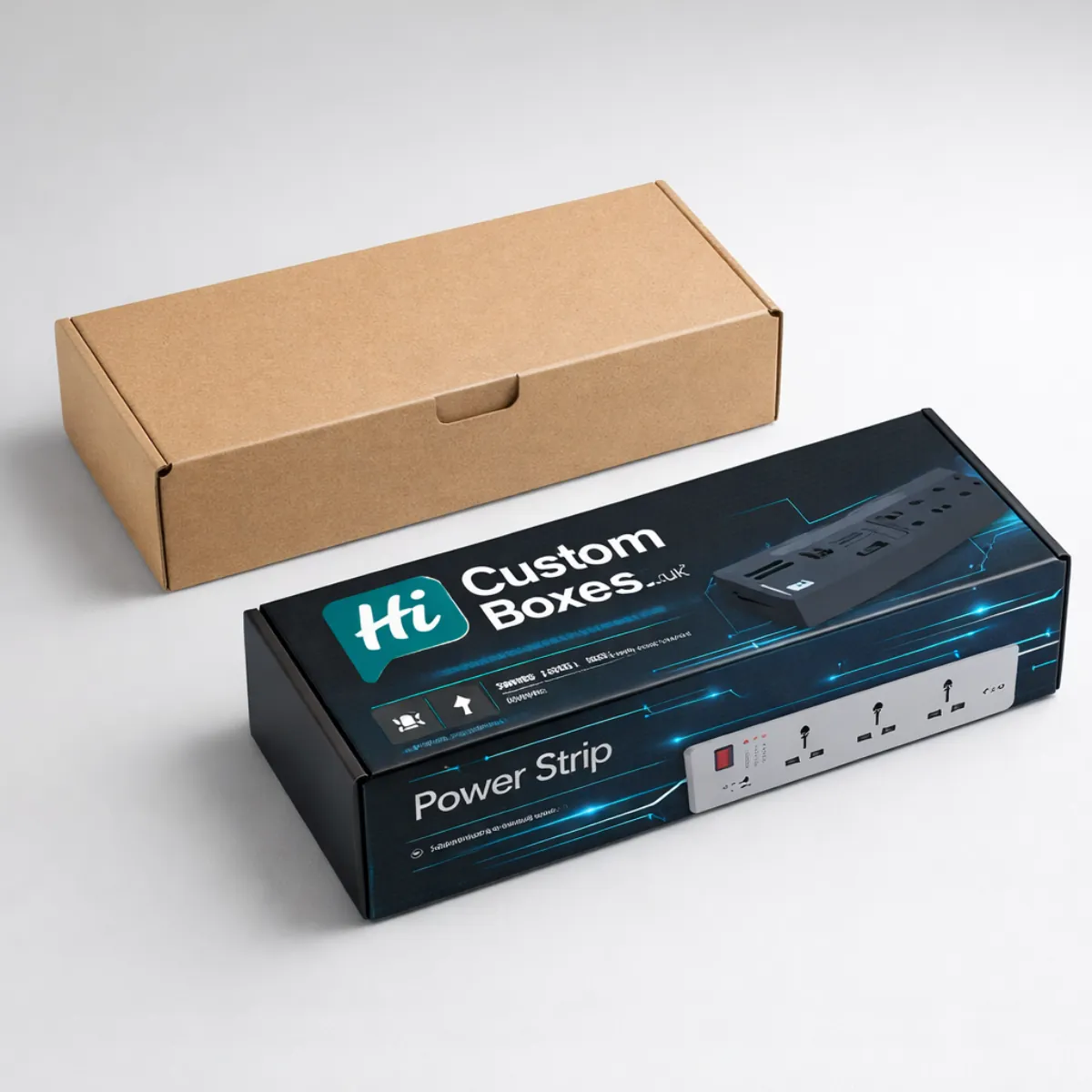 A brown corrugated shipping box next to a sleek black retail box for a power strip. class=